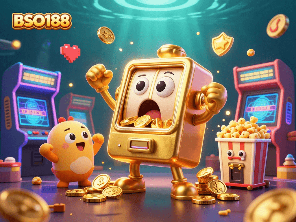 BSO188 slot machine celebrating a jackpot with coins pouring out in a vibrant casino scene.