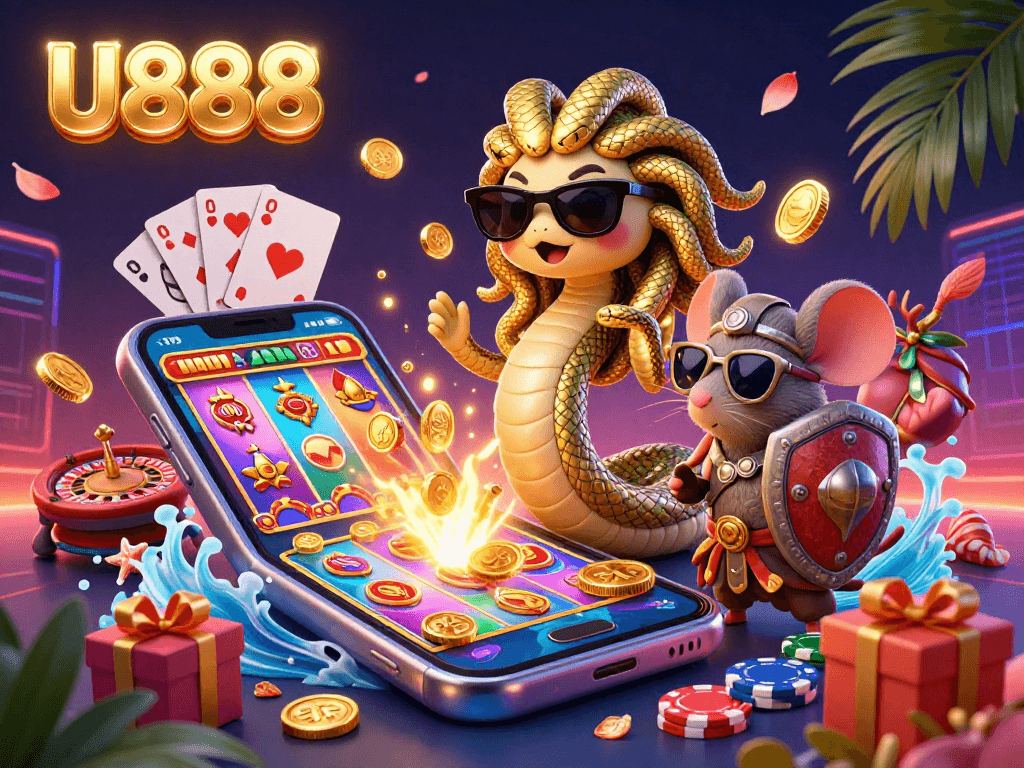 Engage with U888's vibrant casino scene featuring dynamic characters and interactive gaming elements.