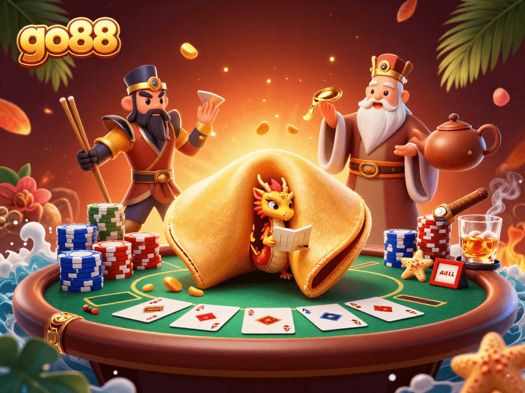 Experience the vibrant energy of go88 with a dynamic casino scene featuring a golden fortune cookie and poker elements.
