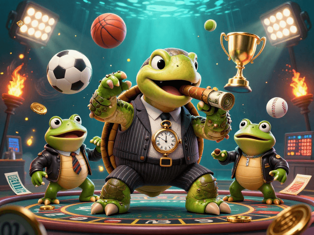 Engage with 8kbet's thrilling gaming scene featuring a mobster turtle and bullfrog enforcers.