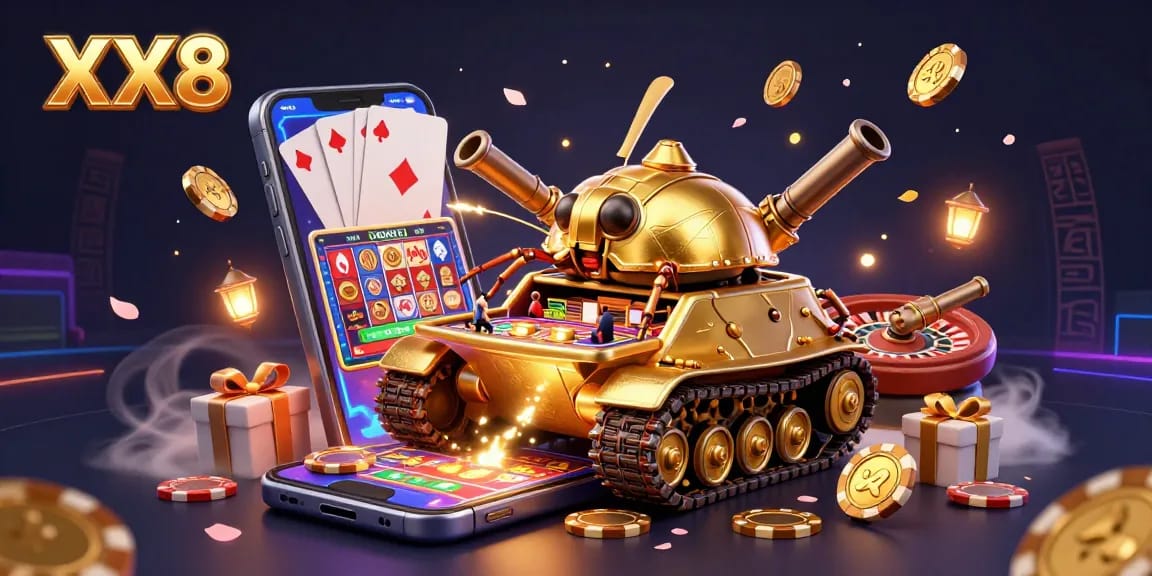 Experience thrilling gaming adventures at XX8 through a golden beetle tank revealing a miniature casino.
