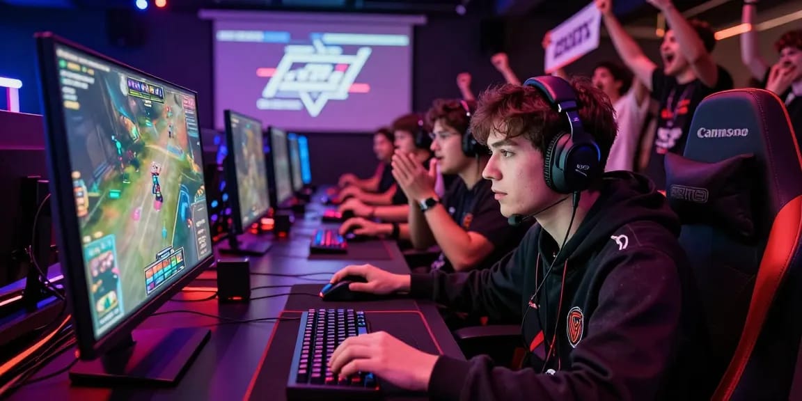 Gamer immersed in the lucky77 esports competition, surrounded by cheering teammates and vibrant lights.