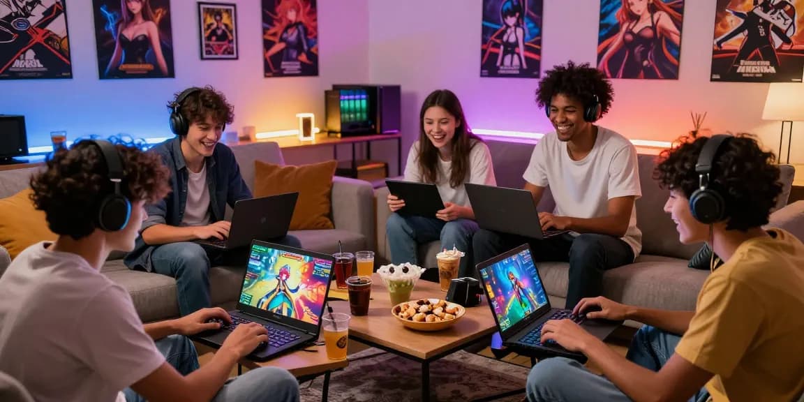 Diverse friends enjoying a hentai game in a cozy gaming room, featuring vibrant graphics and lively atmosphere.