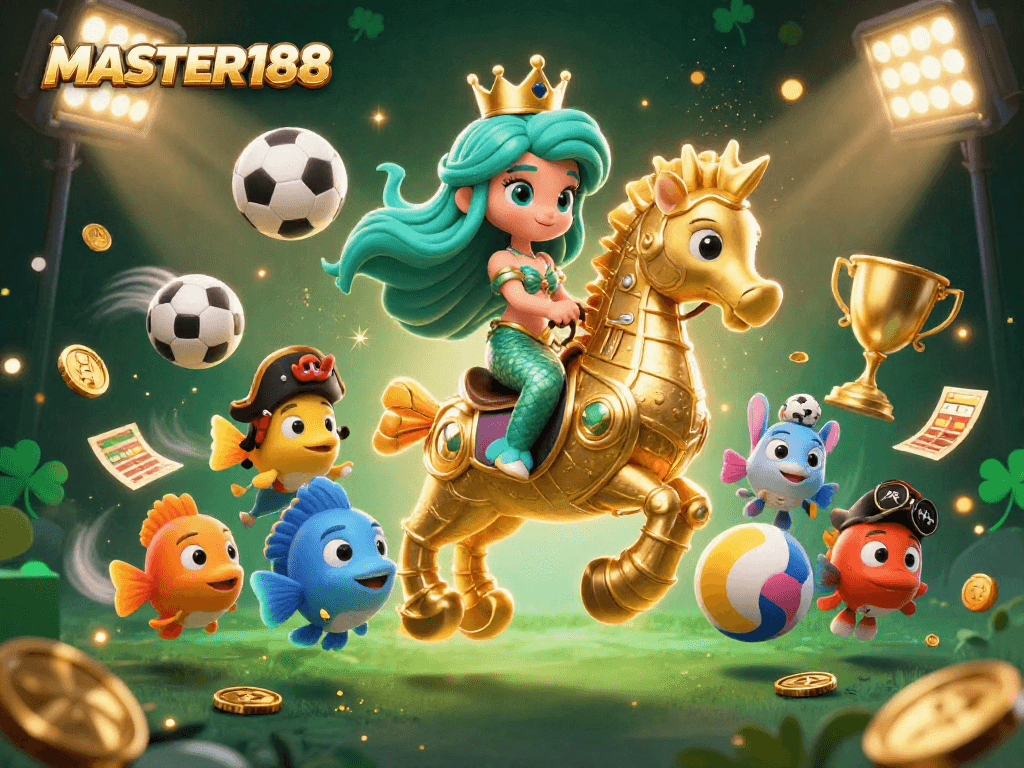 Engage with MASTER188: Illustrated sports betting adventure featuring a mermaid and seahorse.