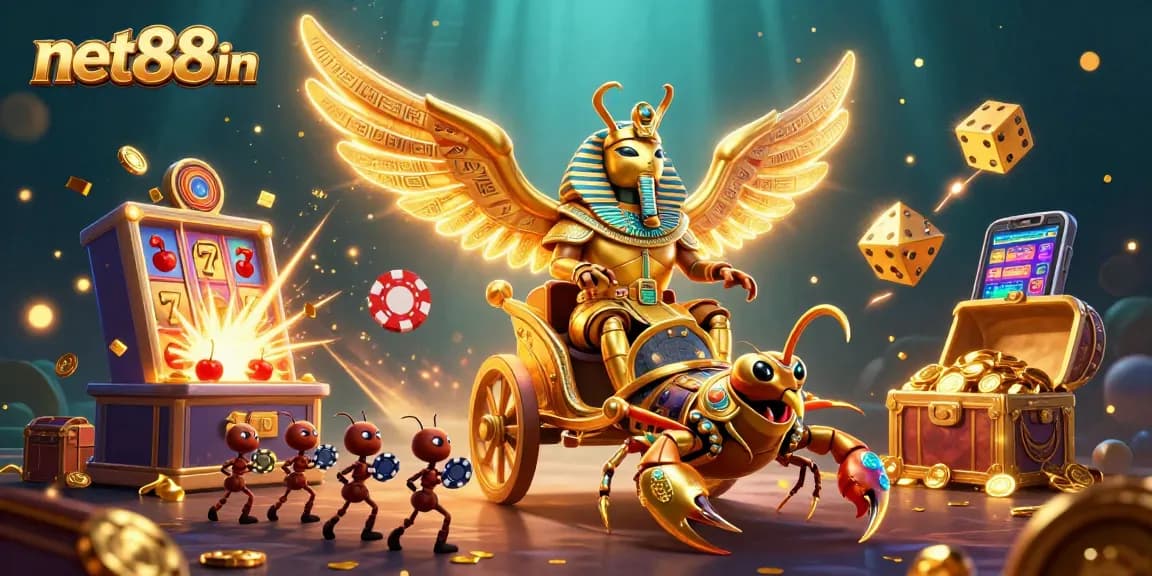 Join the thrilling adventure of net88in with a golden scarab beetle and dynamic casino elements.