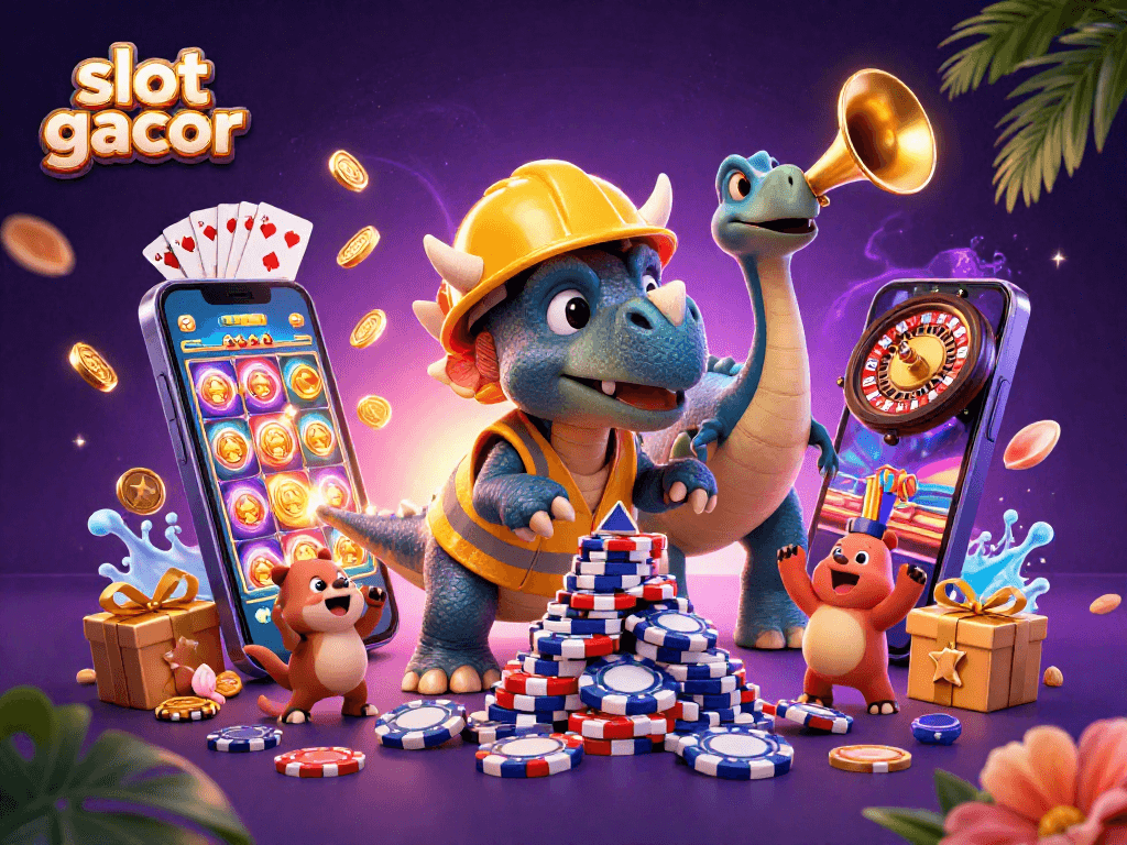 Rasakan pengalaman slot gacor dengan ilustrasi dinamis triceratops dan parasaurolophus.