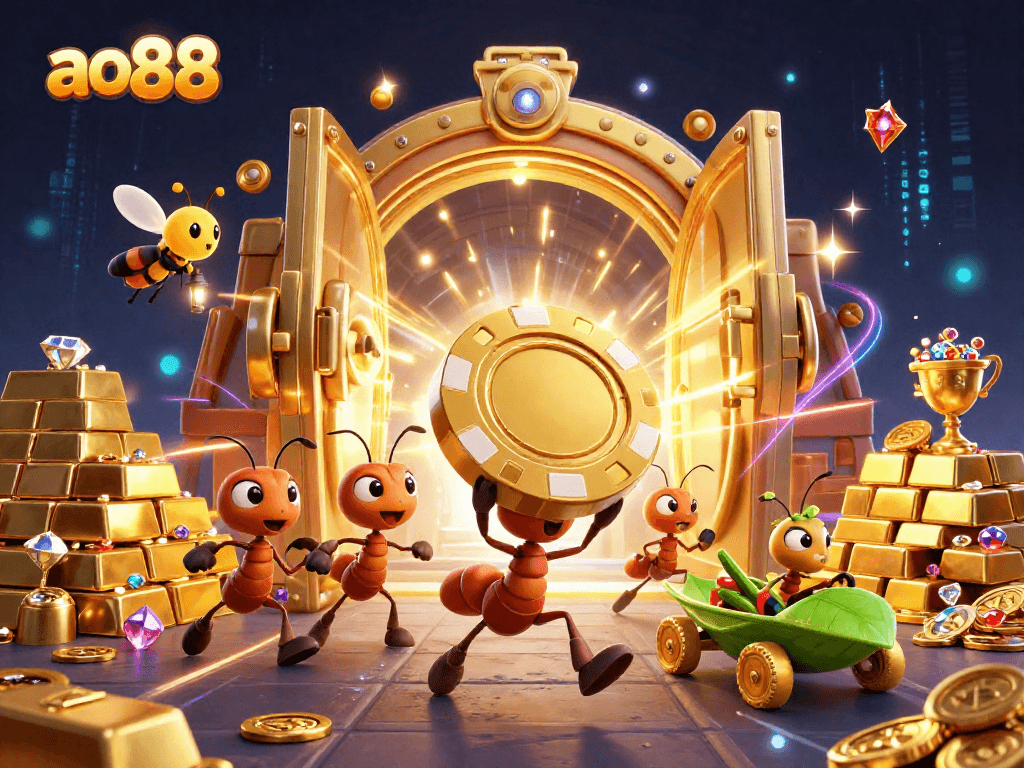 Engage in exhilarating gaming at ao88 with a vibrant 3D illustration showcasing a casino heist by cartoon ants.