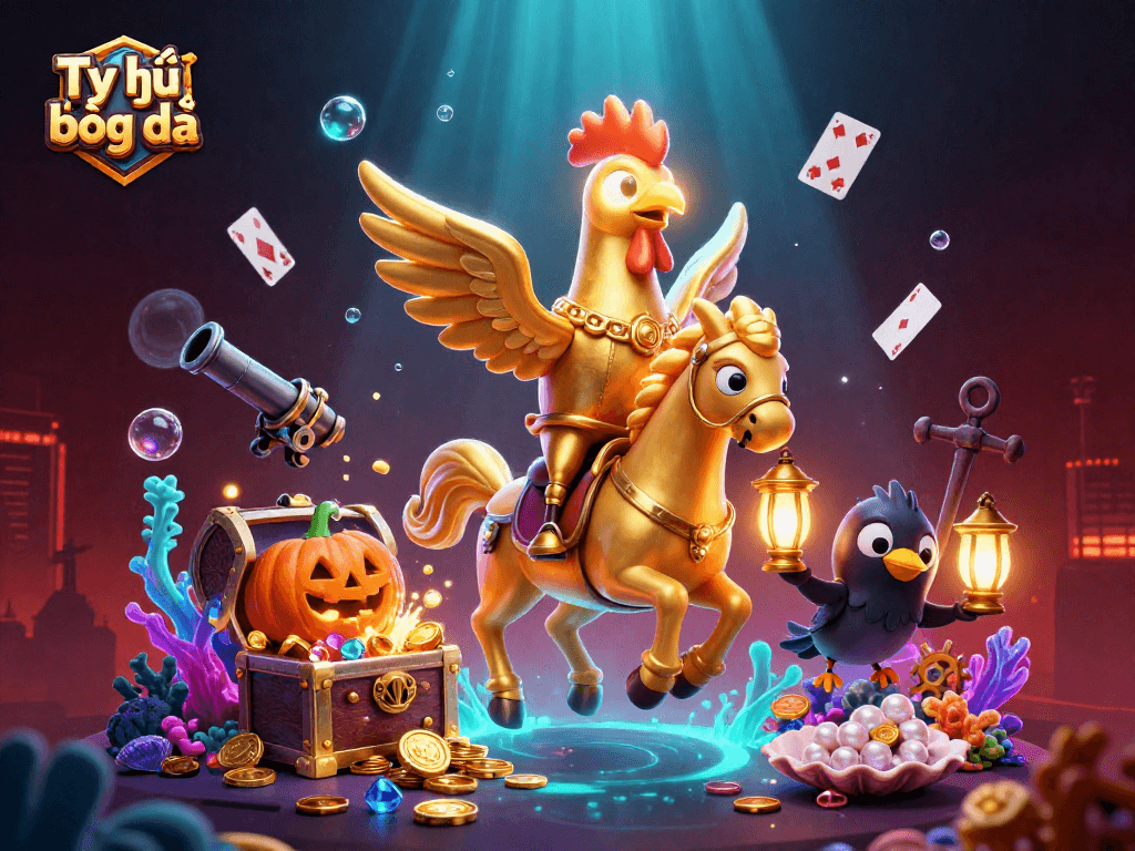 Tỷ lệ bóng đá visualizes an engaging casino atmosphere with lively characters and colorful gaming elements.