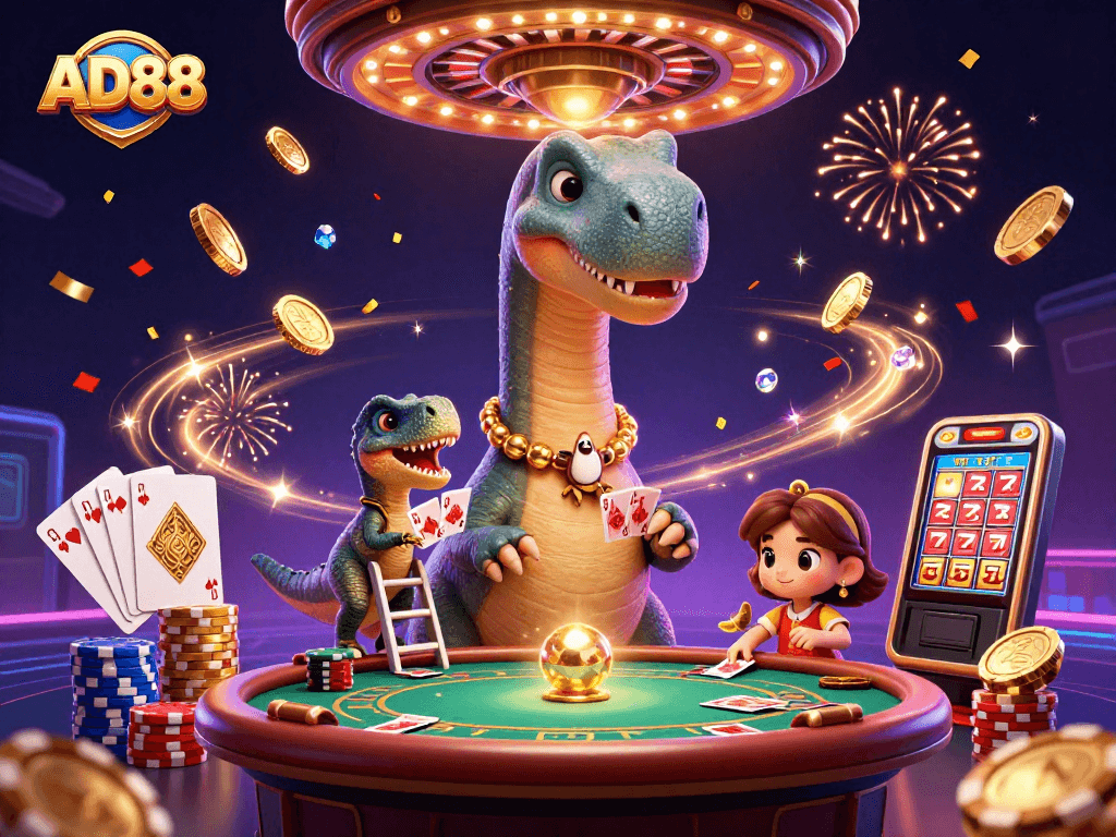 Experience big wins at AD88 with a whimsical casino scene featuring a dinosaur and raptor dealers.