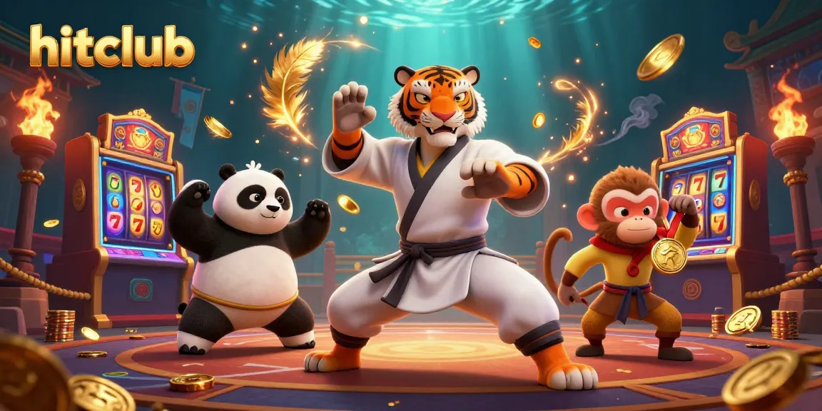 Experience hitclub's vibrant energy with a kung fu tiger and panda in a dynamic casino scene.