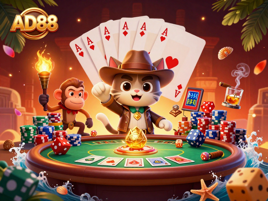 Experience thrilling gameplay at AD88 with an archaeologist cat unearthing casino treasures amidst poker elements.