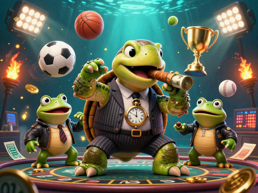 Engage with 8kbet's thrilling gaming scene featuring a mobster turtle and bullfrog enforcers.