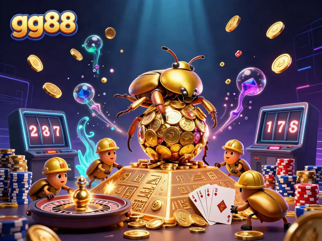 Witness the thrilling game play of gg88 with a golden dung beetle amidst cascading coins, slot reels, and poker chips.