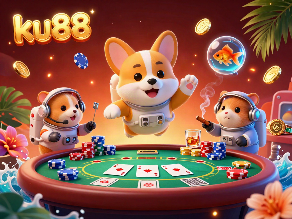 Experience the thrilling adventures of ku88 with a playful astronaut corgi floating in a casino space station.