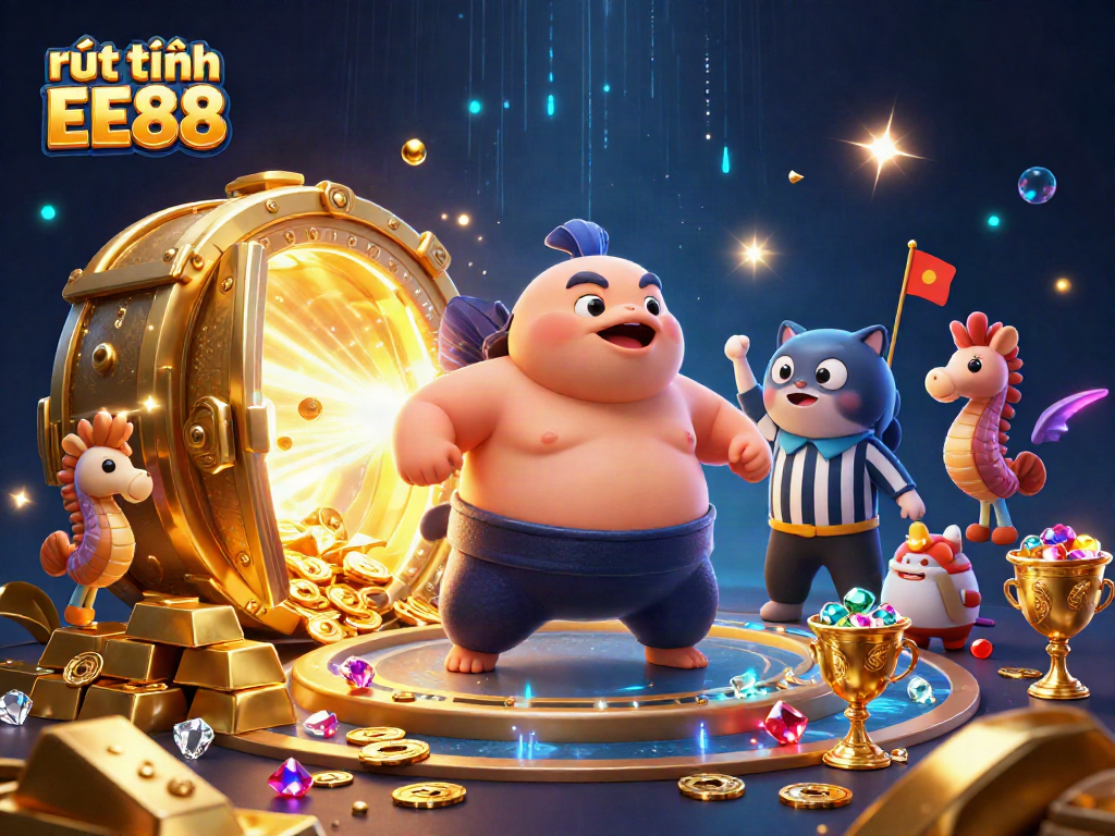 Experience the excitement of rút tiền EE88 with dynamic underwater casino visuals showcasing treasures and characters.