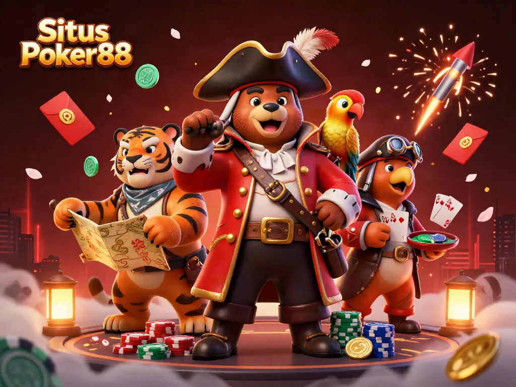 Situs Poker88 online poker experience featuring a pirate bear, tiger, and treasures in a vibrant casino scene.
