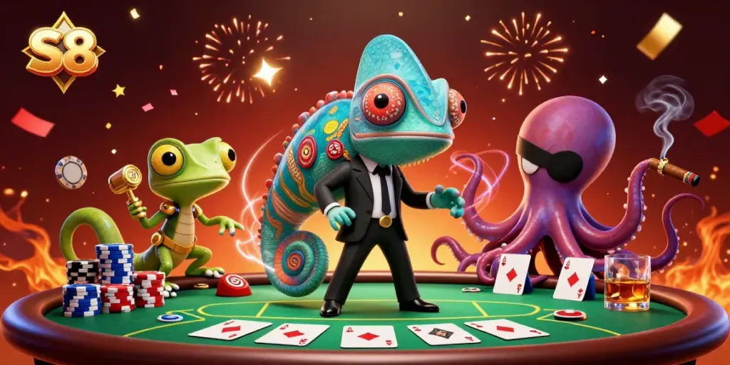 Engaging S8 casino scene with animated characters at a poker table showcasing vibrant gameplay.