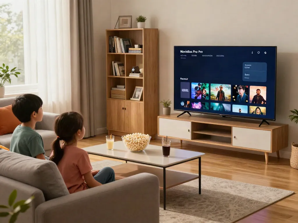 Family enjoying movies using the MovieBox Pro Android app in a cozy living room setting.