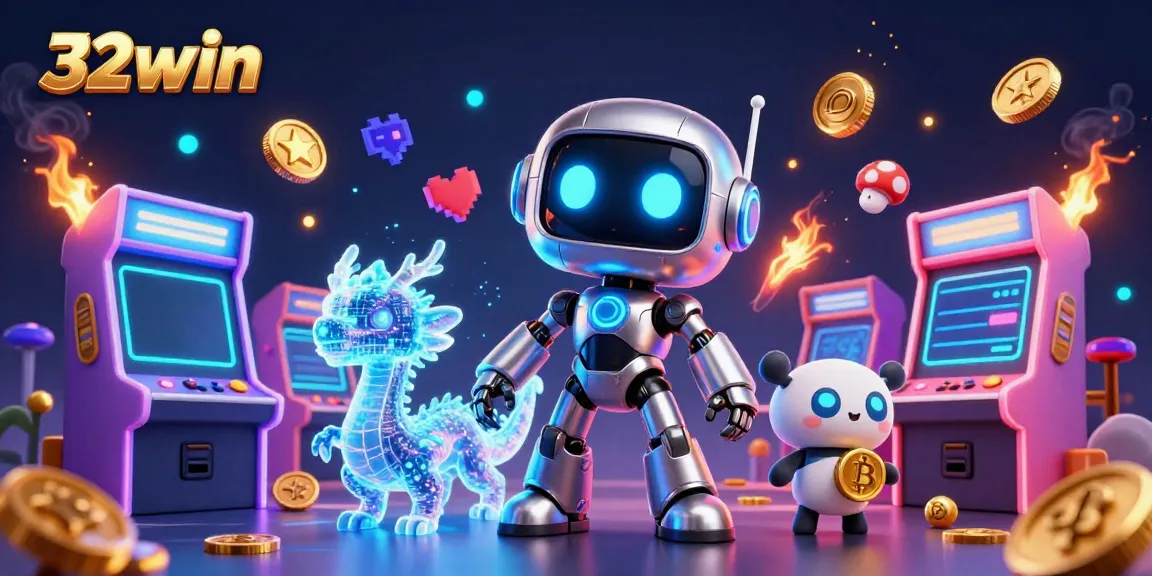Experience the thrilling games at 32win with a cyberpunk mascot and vibrant casino elements.