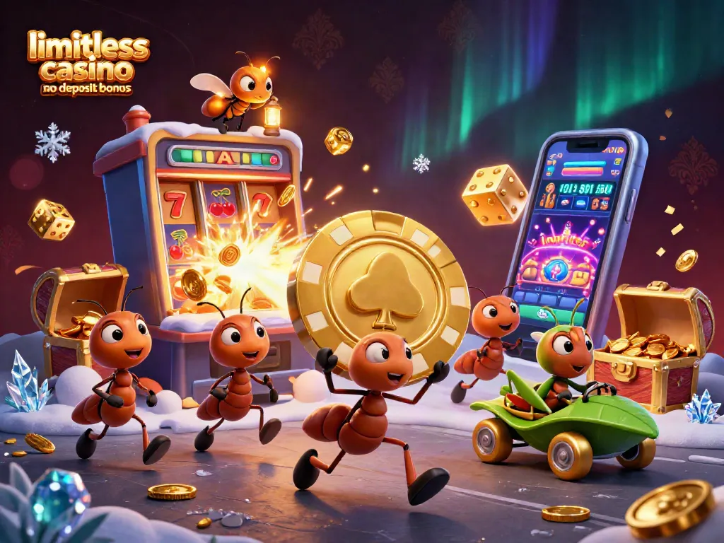 Team of ants carrying a golden poker chip showcase limitless casino no deposit bonus in dynamic heist scene.