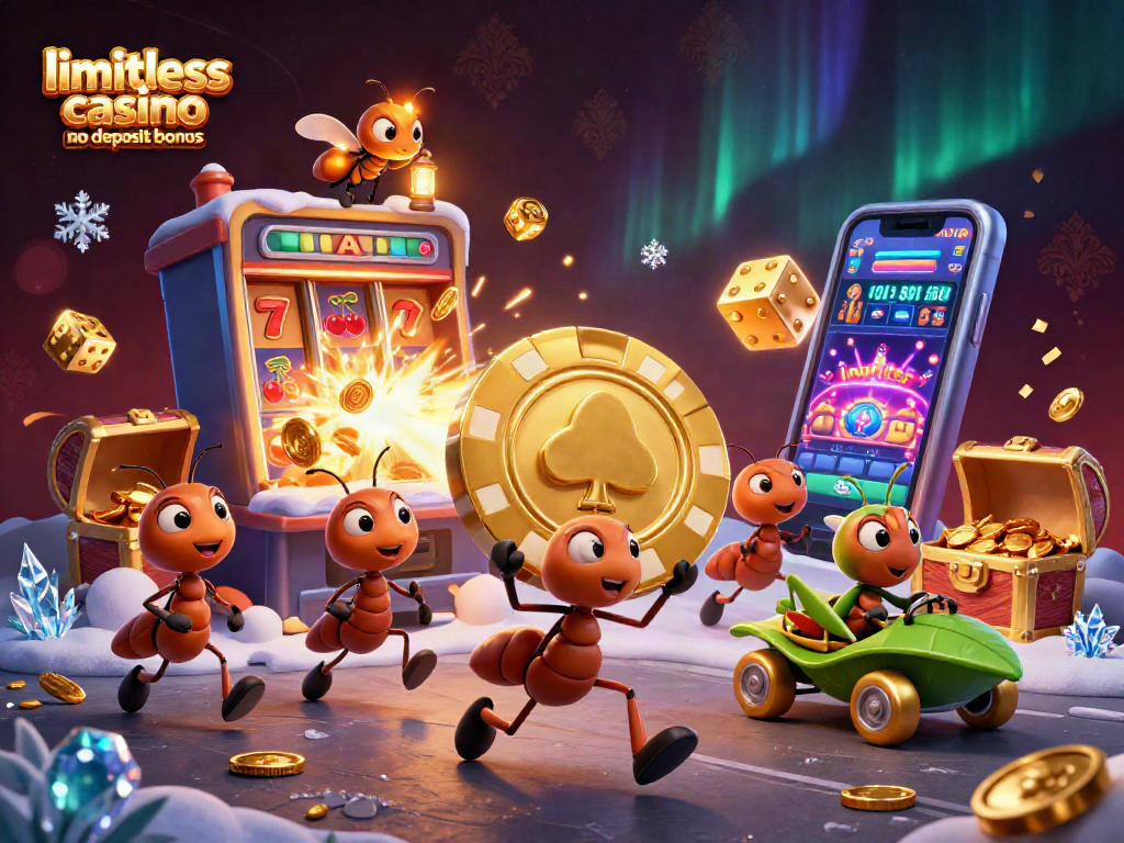 Team of ants carrying a golden poker chip showcase limitless casino no deposit bonus in dynamic heist scene.