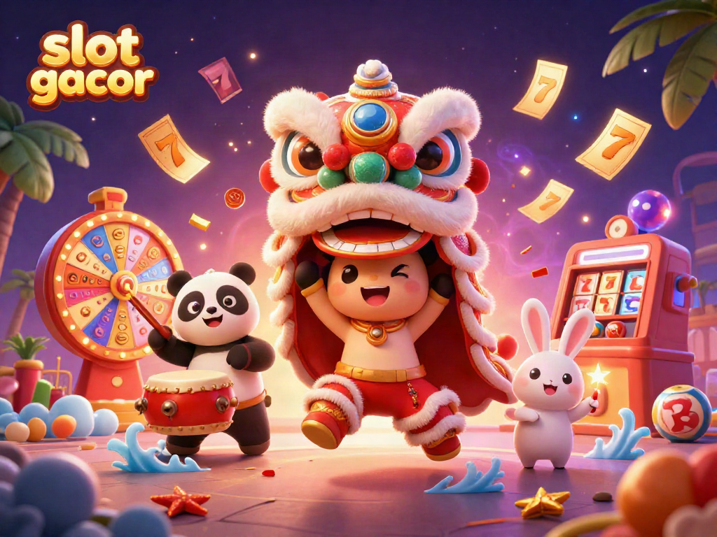 Visual semarak dari permainan slot gacor dengan karakter lucu dan mesin slot bergemerlapan.