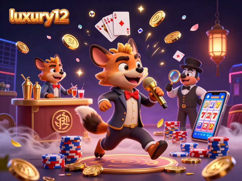 Experience the vibrant luxury12 casino scene featuring a comedic hyena, bartender, and bouncer amidst golden coins and cards.