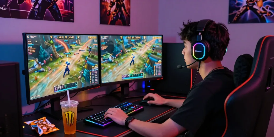 Gamer immersed in action with qqmacan on dual monitors and gaming setup.