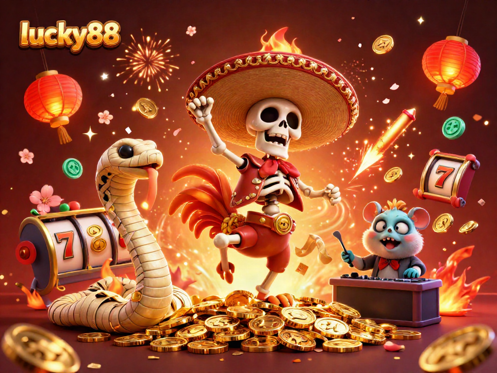 Experience lucky88 as a vibrant 3D scene with characters celebrating amidst casino elements.