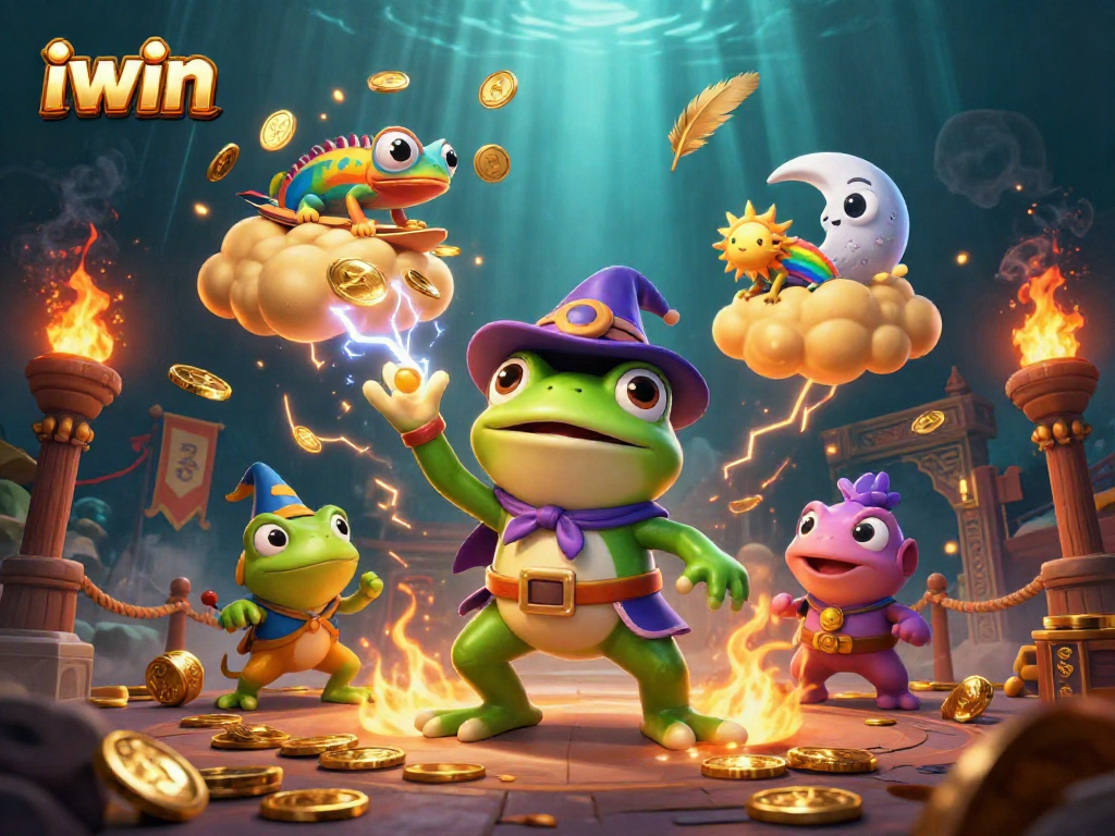 iwin showcases a vibrant 3D scene of whimsical characters amid a storm of golden coins and casino elements