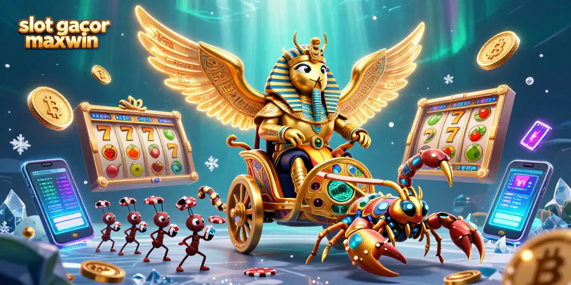 Engage with slot gacor maxwin through a vibrant 3D casino illustration showcasing exciting slot reels and characters.