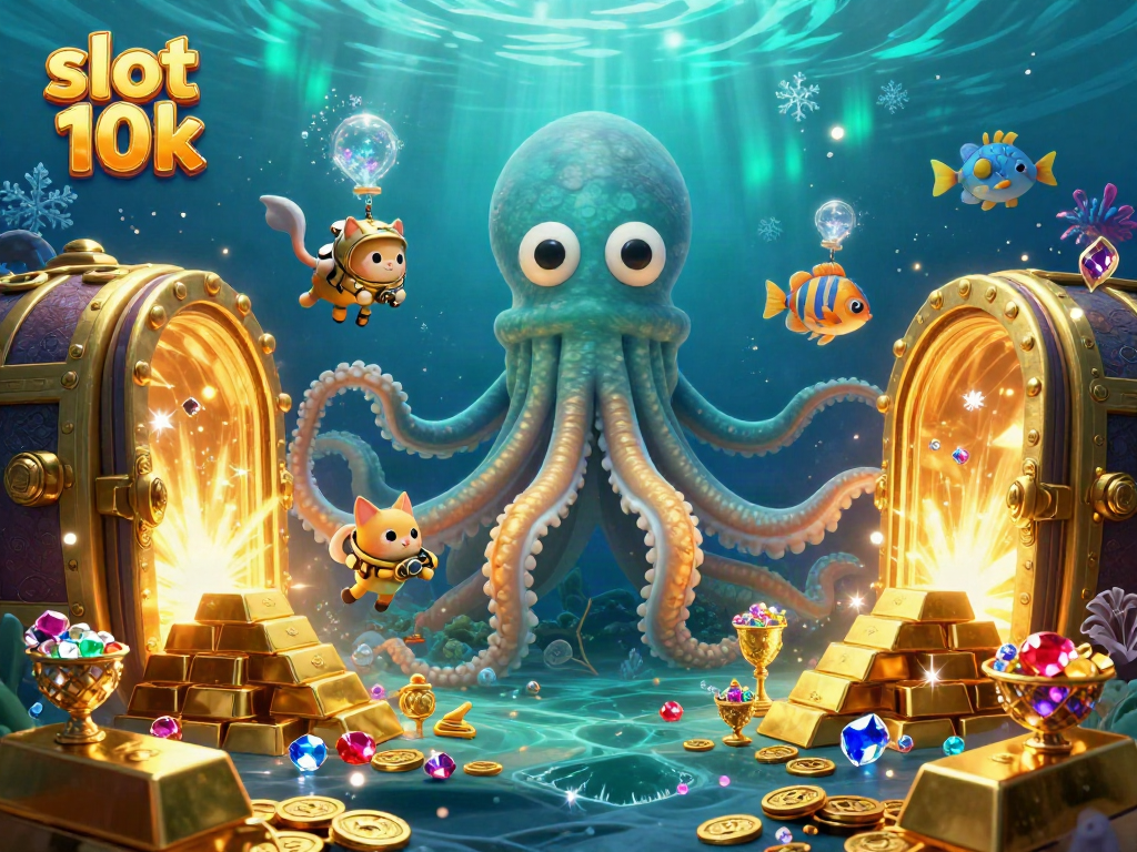 Engage with the vibrant slot 10k scene featuring a cartoon kraken, diving cat, and glowing fish beside golden treasures.