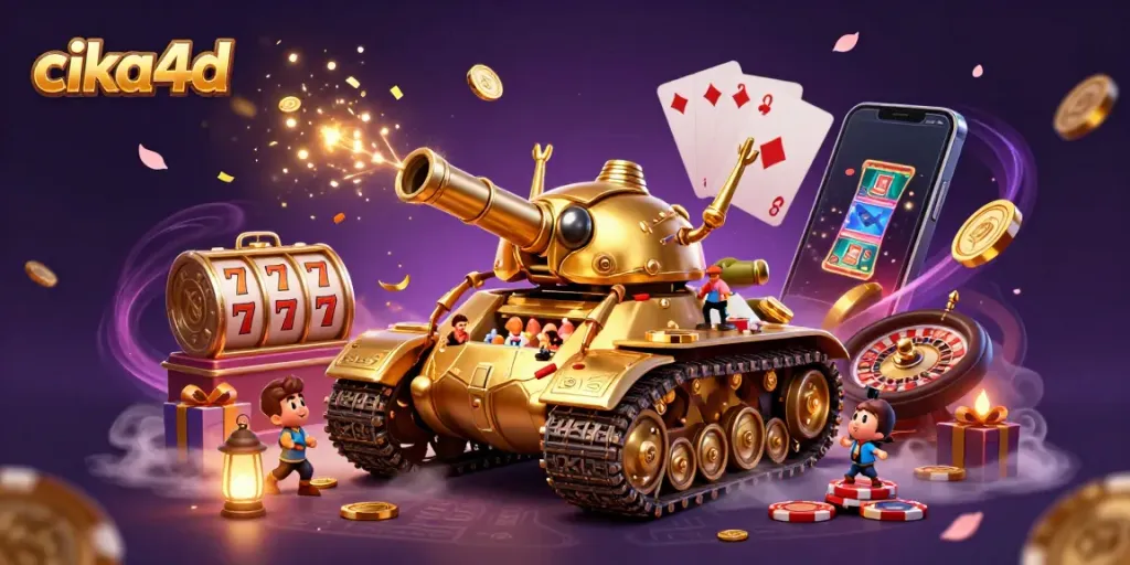 Engage with cika4d's immersive casino experience featuring a golden beetle tank and vibrant games.