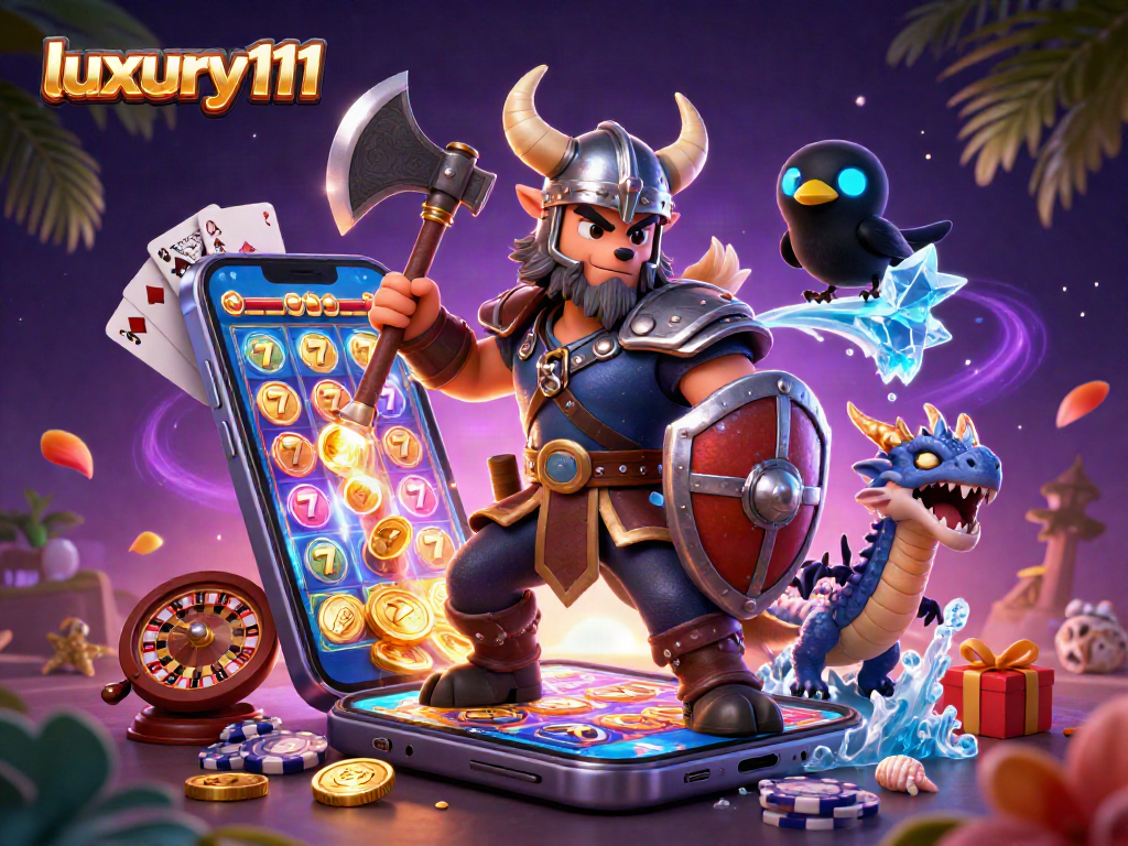 luxury111 illustrates a Viking warrior, fierce dragon, and raven interacting with engaging casino slot elements.