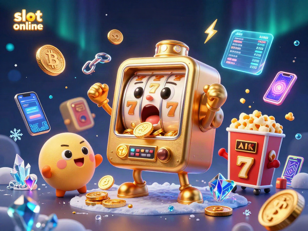 Watch a golden slot online machine winning its jackpot, surrounded by cheering mini machines and tokens.