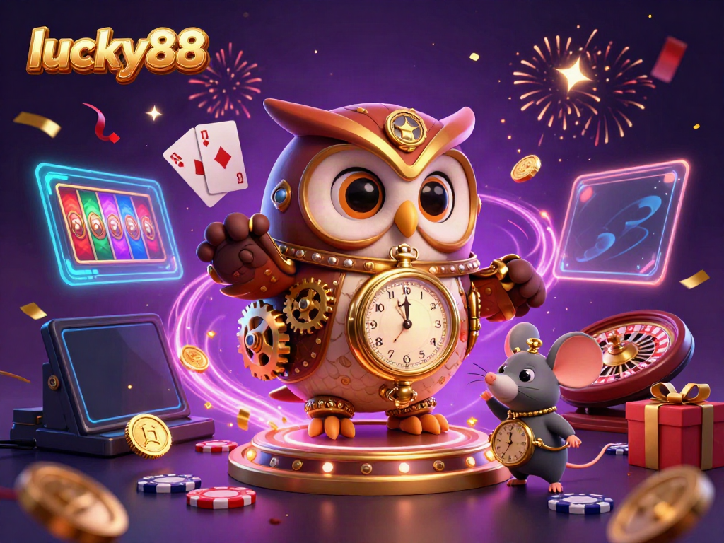 Enjoy thrilling gameplay at lucky88 with a vibrant casino scene featuring slot games and dynamic characters.