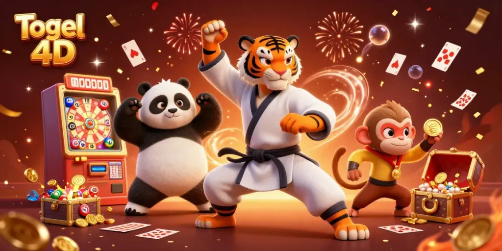 Togel 4D mengungkapkan cara memenangkan jackpot dengan karakter kartun 3D yang menampilkan master harimau kung fu dan temannya.