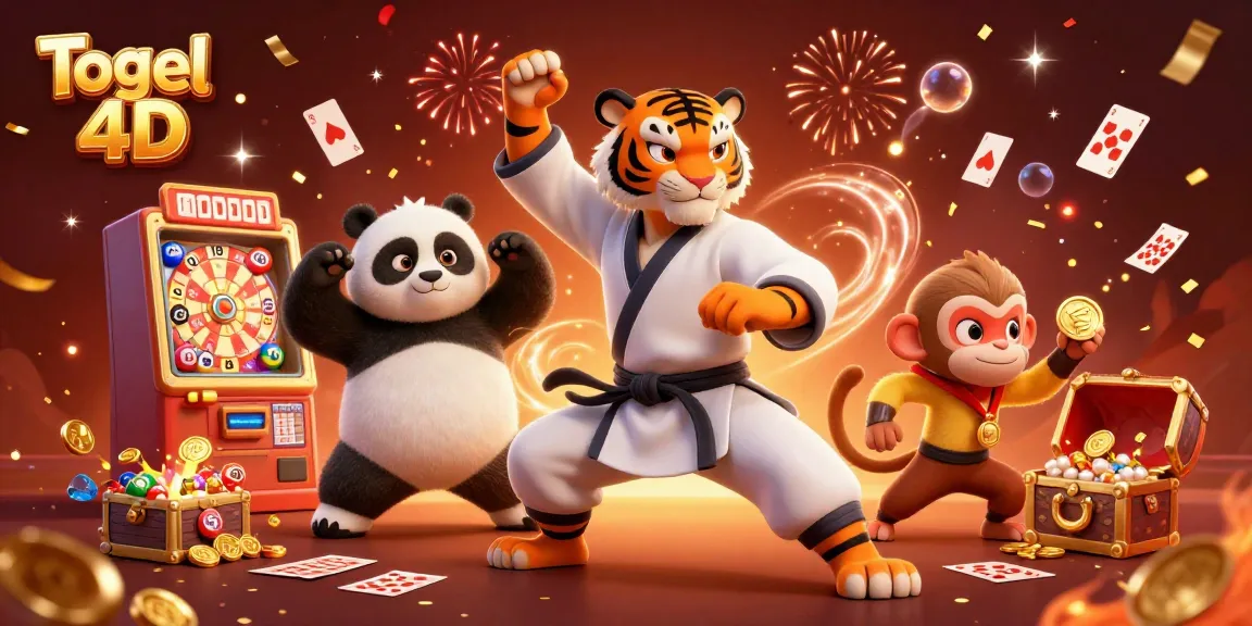 Togel 4D mengungkapkan cara memenangkan jackpot dengan karakter kartun 3D yang menampilkan master harimau kung fu dan temannya.