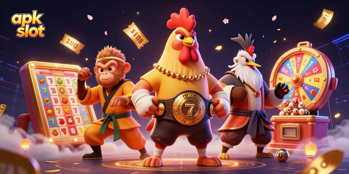 Permainan apk slot menarik dengan slot reel, simbol buah, dan karakter bertarung dalam suasana ceria.