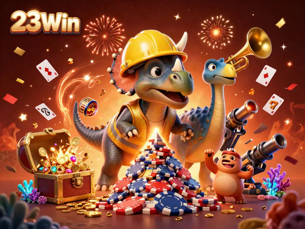 Engage with the vibrant world of 23Win through a dynamic 3D casino illustration filled with excitement.