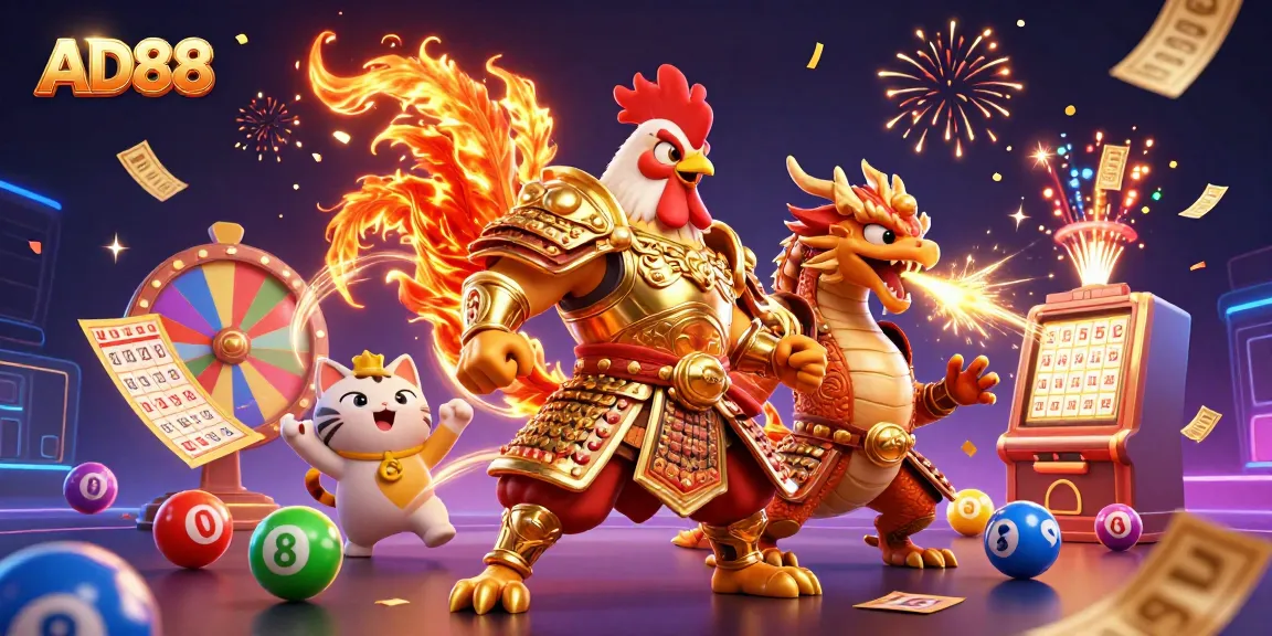 Experience the excitement of AD88 with a captivating scene of warriors and game elements surrounding a dynamic casino atmosphere.