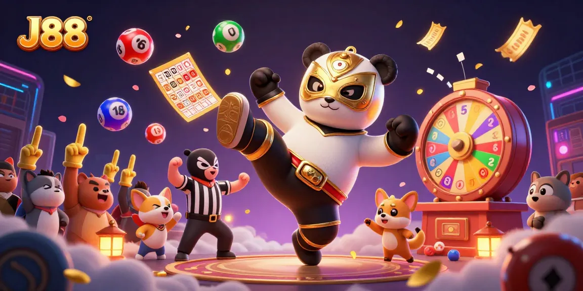 Engage with exciting J88 casino fun featuring animated panda wrestler amidst colorful lottery balls.