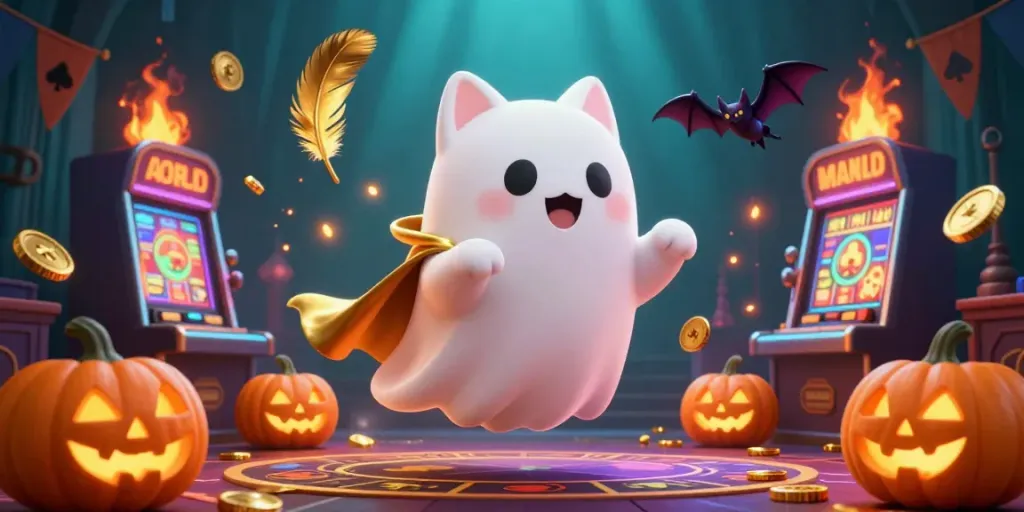Engage with bosjoko in a vibrant haunted casino scene featuring a ghost cat, bat companion, and glowing jack-o-lanterns.