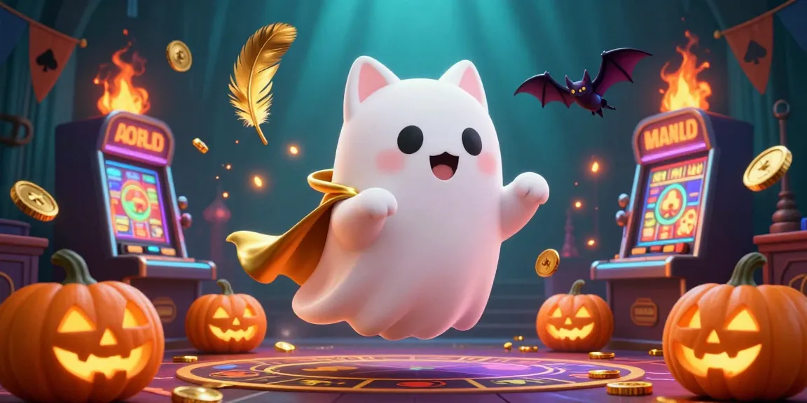 Engage with bosjoko in a vibrant haunted casino scene featuring a ghost cat, bat companion, and glowing jack-o-lanterns.