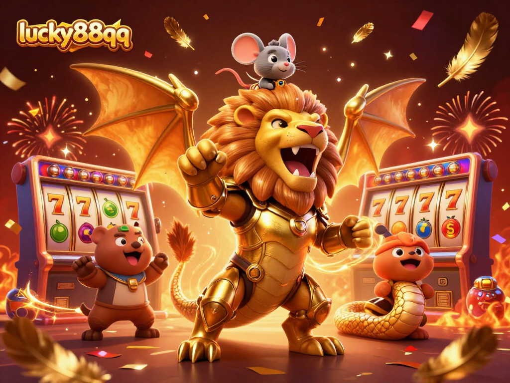 Spin the reels at lucky88qq with vibrant slot symbols and a jubilant chimera conquering the jackpot.
