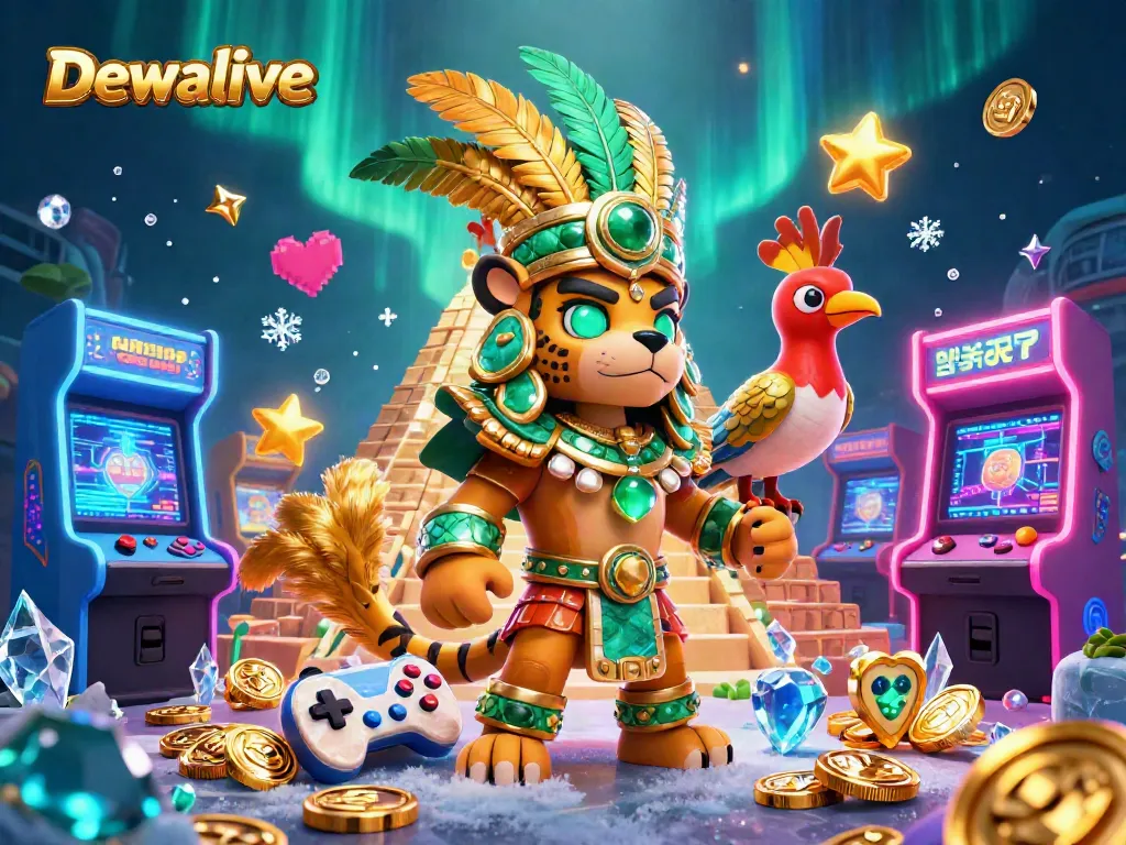 Dewalive showcases a vibrant 3D casino illustration with a Mayan jaguar priest and gaming elements, captivating players with thrilling visuals.