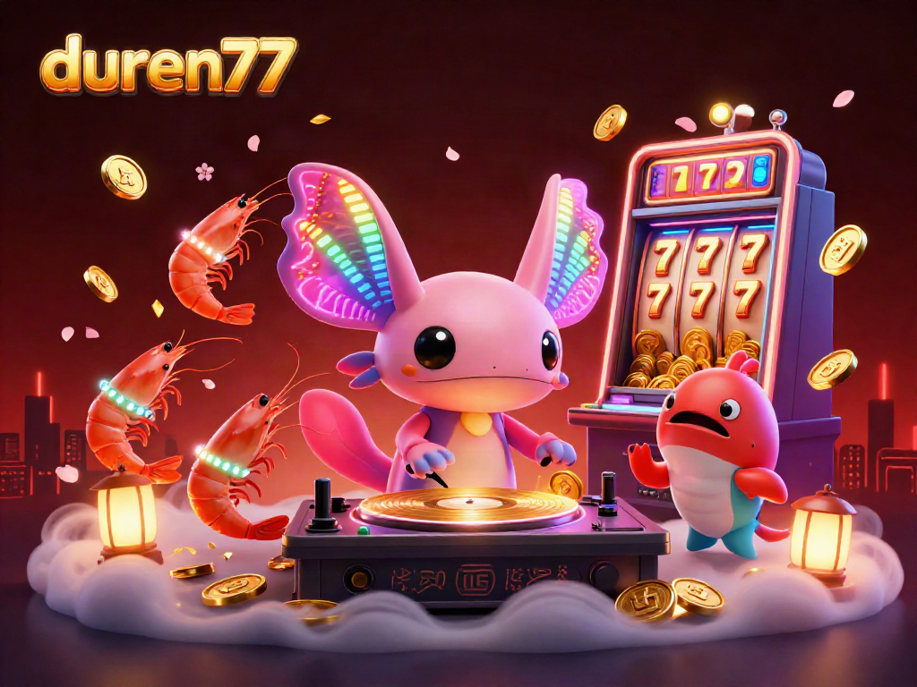 Slot gacor dari duren77 menampilkan DJ axolotl neon yang energik dengan pertaruhan dan jackpot berkilauan.
