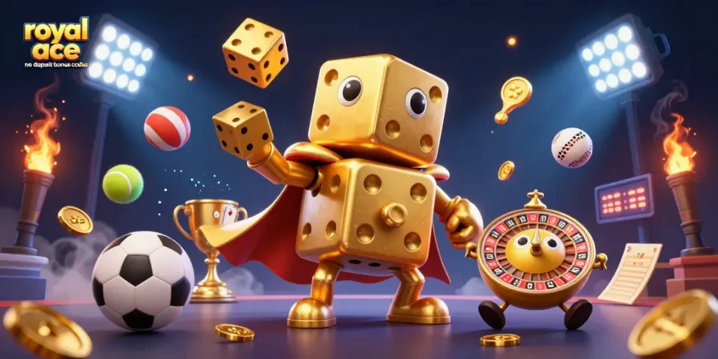 Win with royal ace no deposit bonus codes while enjoying a colorful 3D casino scene filled with action.