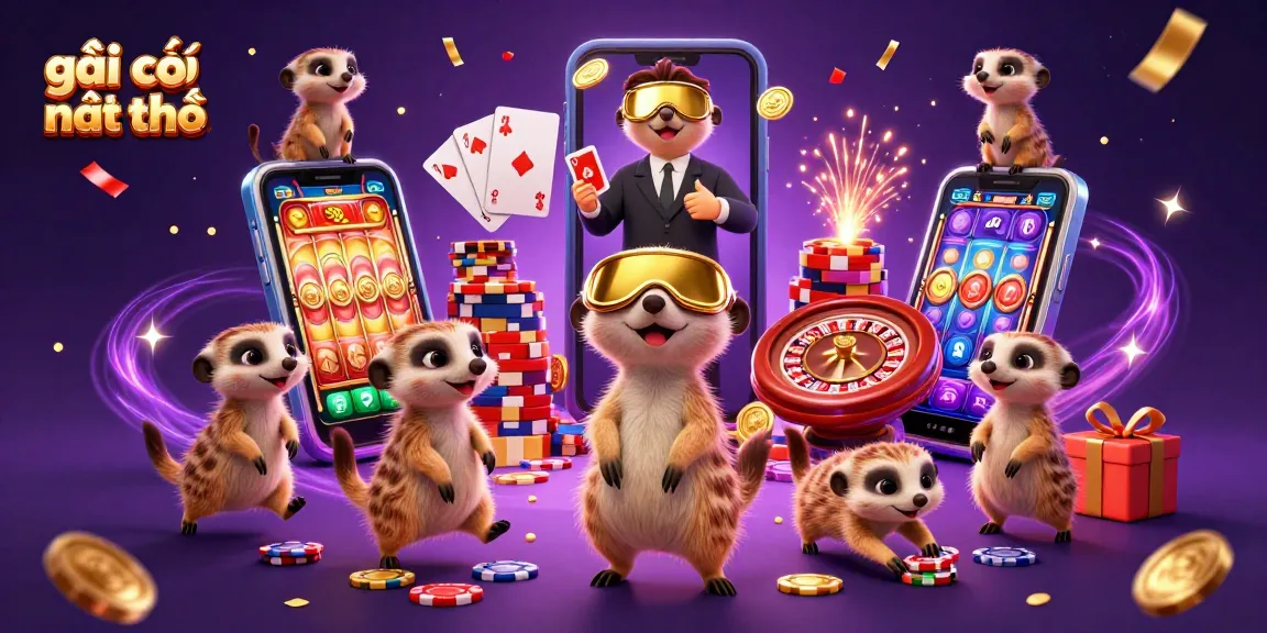 Engaging illustration of a lively casino scene featuring the charming concept of gái gọi cần thơ, with meerkats in action.