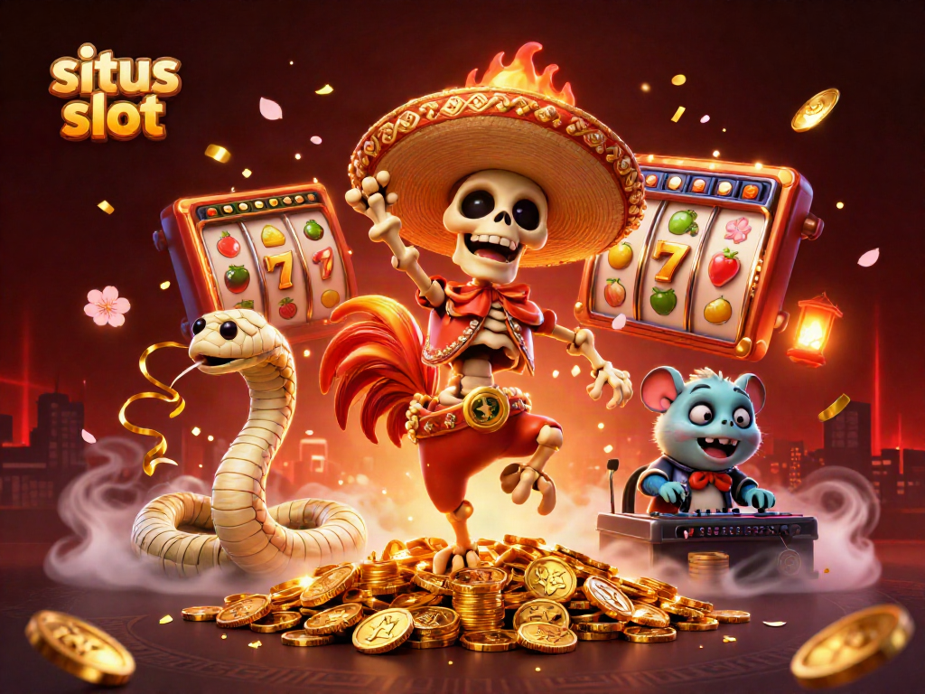Engage with situs slot as a vibrant casino scene unfolds featuring animated characters celebrating jackpot wins.